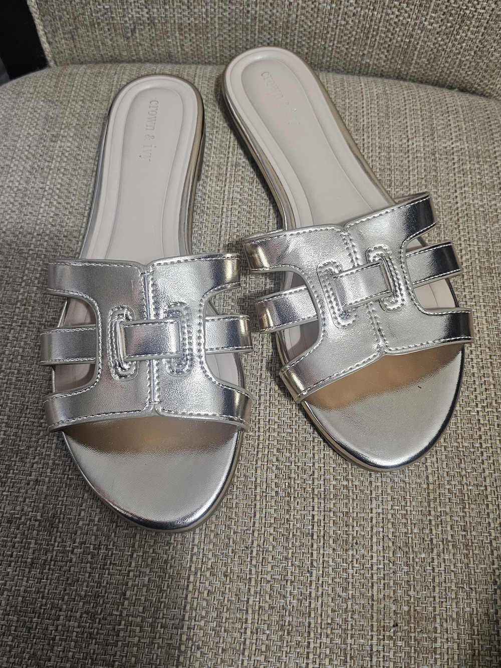Metallic Silver Slide Sandals for Women - Elegant Open-Toe Slip-Ons